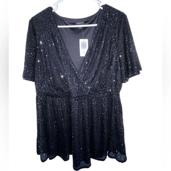 Torrid Lily Babydoll Sequin Surplice Blouse Black Peplum Size 1x Sparkly Party - Picture 8 of 8
